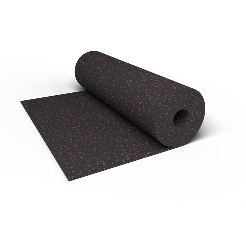 Close-up of a Firestorm Red REGUPOL aktiv rubber flooring roll end showing red flecks on a black base and the 3/8 inch (9 mm) thickness at true scale
