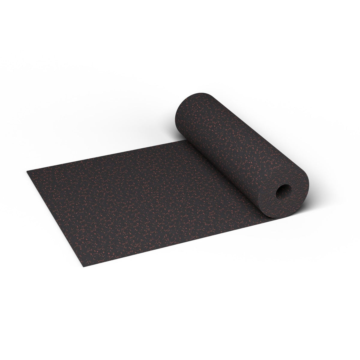 Firestorm Red REGUPOL aktiv 3/8 inch (9 mm) commercial rubber gym flooring roll, 48 in. wide, partly unrolled, showing fine red flecks at true scale