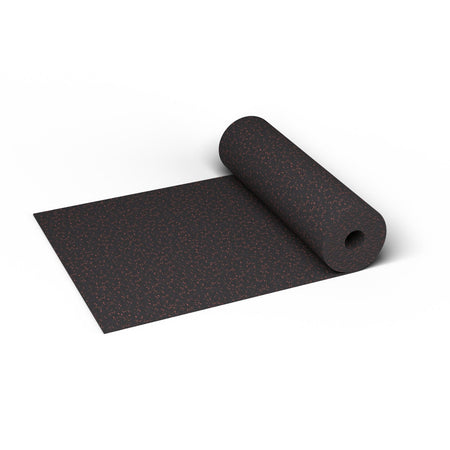 Firestorm Red REGUPOL aktiv 3/8 inch (9 mm) commercial rubber gym flooring roll, 48 in. wide, partly unrolled, showing fine red flecks at true scale