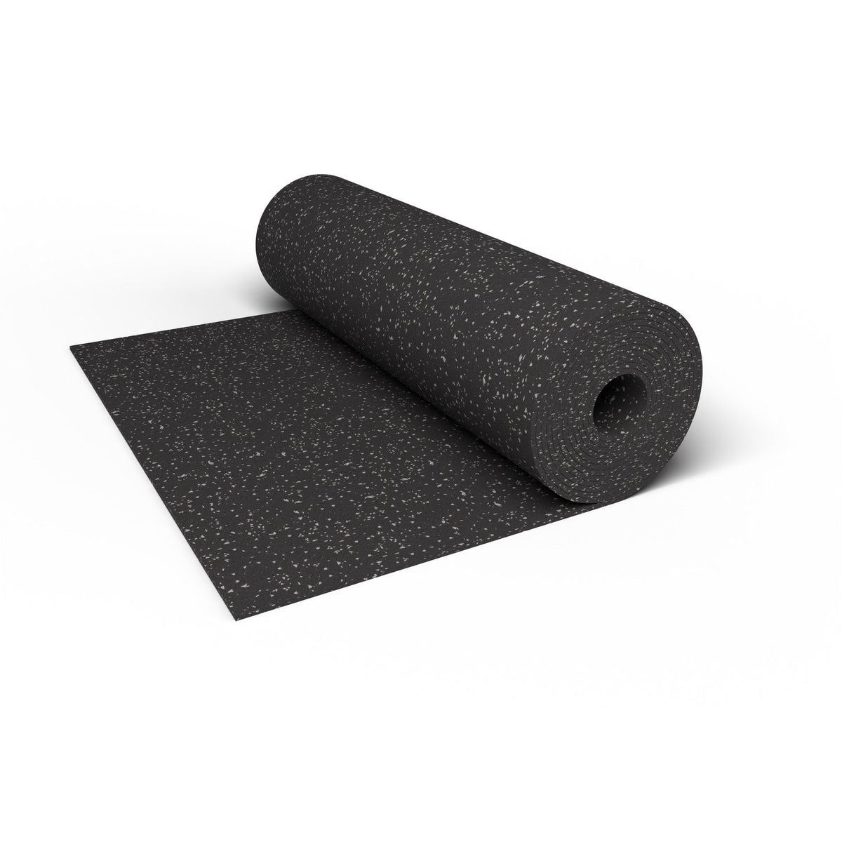 Close-up of a Gray Hound REGUPOL aktiv rubber flooring roll end showing gray flecks on a black base and the 3/8 inch (9 mm) thickness at true scale