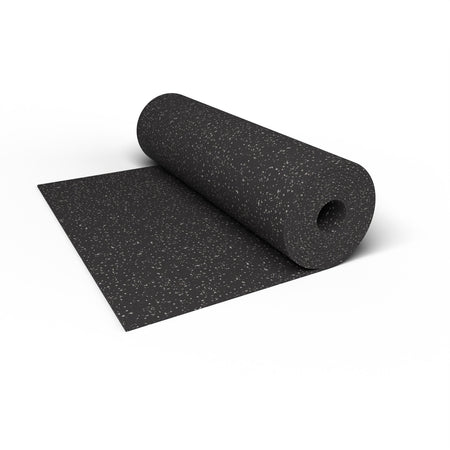 Close-up of a Gray Hound REGUPOL aktiv rubber flooring roll end showing gray flecks on a black base and the 3/8 inch (9 mm) thickness at true scale