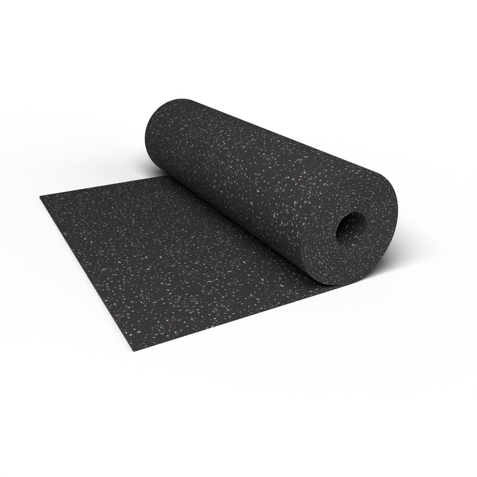 Close-up of a Gray Hound REGUPOL aktiv rubber flooring roll end showing gray flecks on a black base and the 3/8 inch (9 mm) thickness at true scale