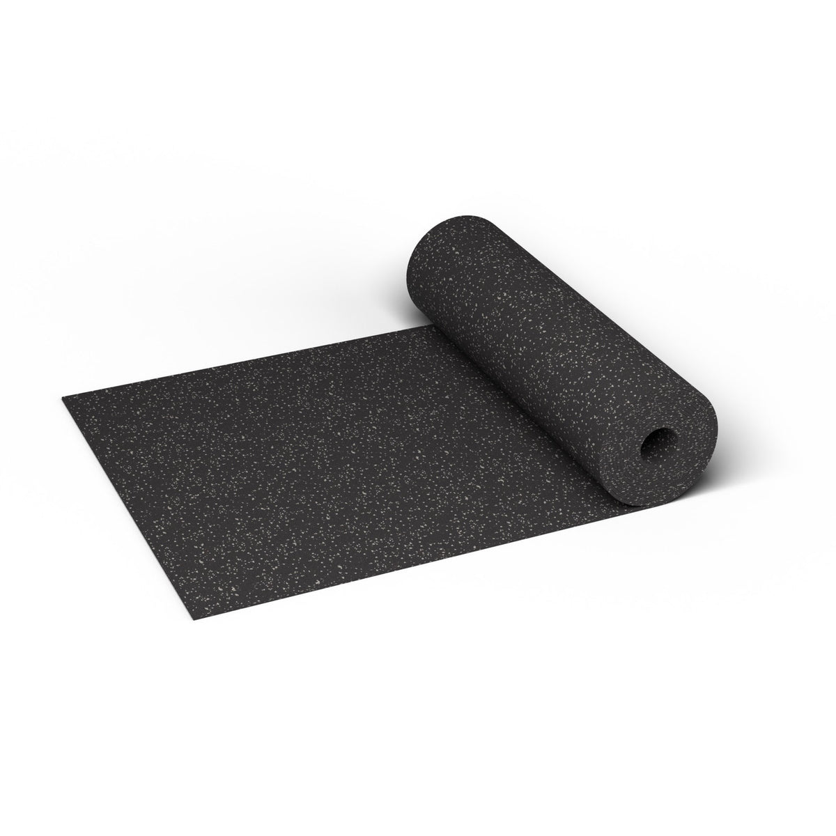 REGUPOL aktiv 3/8 inch (9 mm) rubber gym flooring roll in Gray Hound, partly unrolled, showing fine gray flecks at true scale