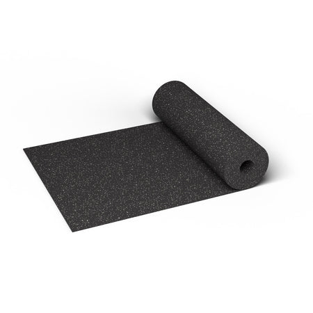 REGUPOL aktiv 3/8 inch (9 mm) rubber gym flooring roll in Gray Hound, partly unrolled, showing fine gray flecks at true scale