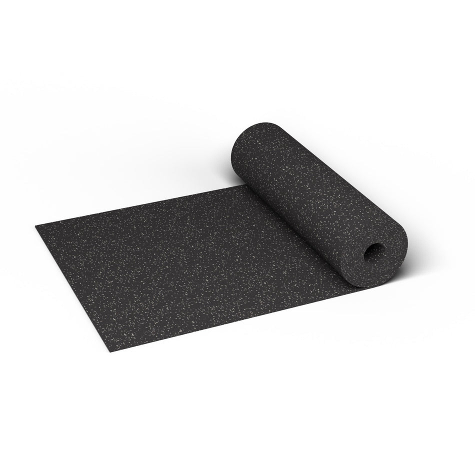 REGUPOL aktiv 3/8 inch (9 mm) rubber gym flooring roll in Gray Hound, partly unrolled, showing fine gray flecks at true scale
