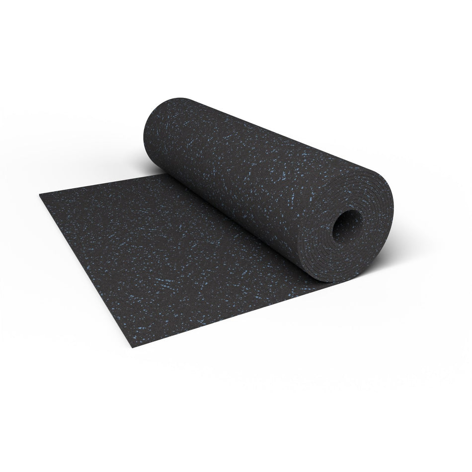Close-up of a Jayz Blue REGUPOL aktiv rubber flooring roll end showing blue flecks on a black base and the 3/8 inch (9 mm) thickness at true scale