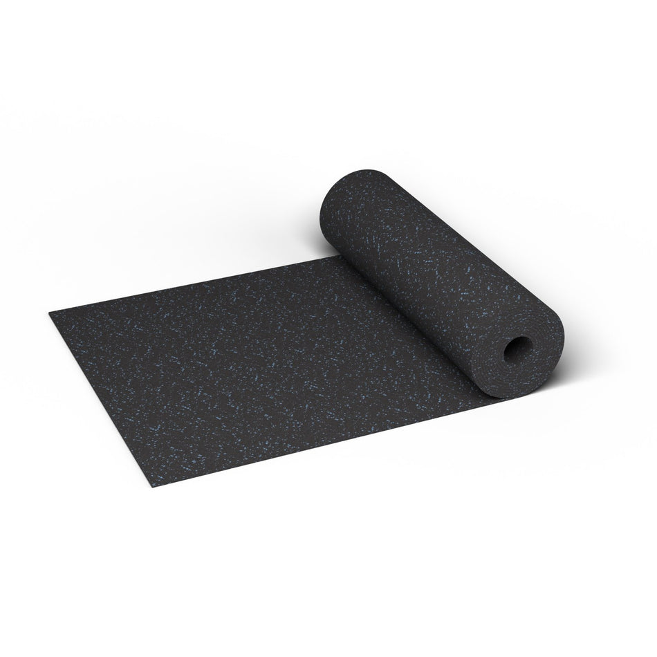 Jayz Blue REGUPOL aktiv 3/8 inch (9 mm) commercial rubber gym flooring roll, 48 in. wide, partly unrolled, showing fine blue flecks at true scale