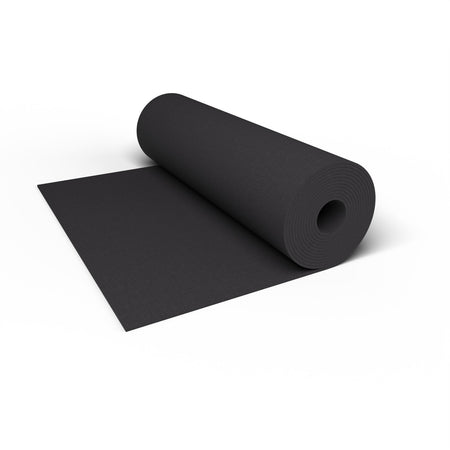 Close-up of a Jet Black REGUPOL aktiv rubber flooring roll end showing a solid black surface and the 3/8 inch (9 mm) thickness at true scale