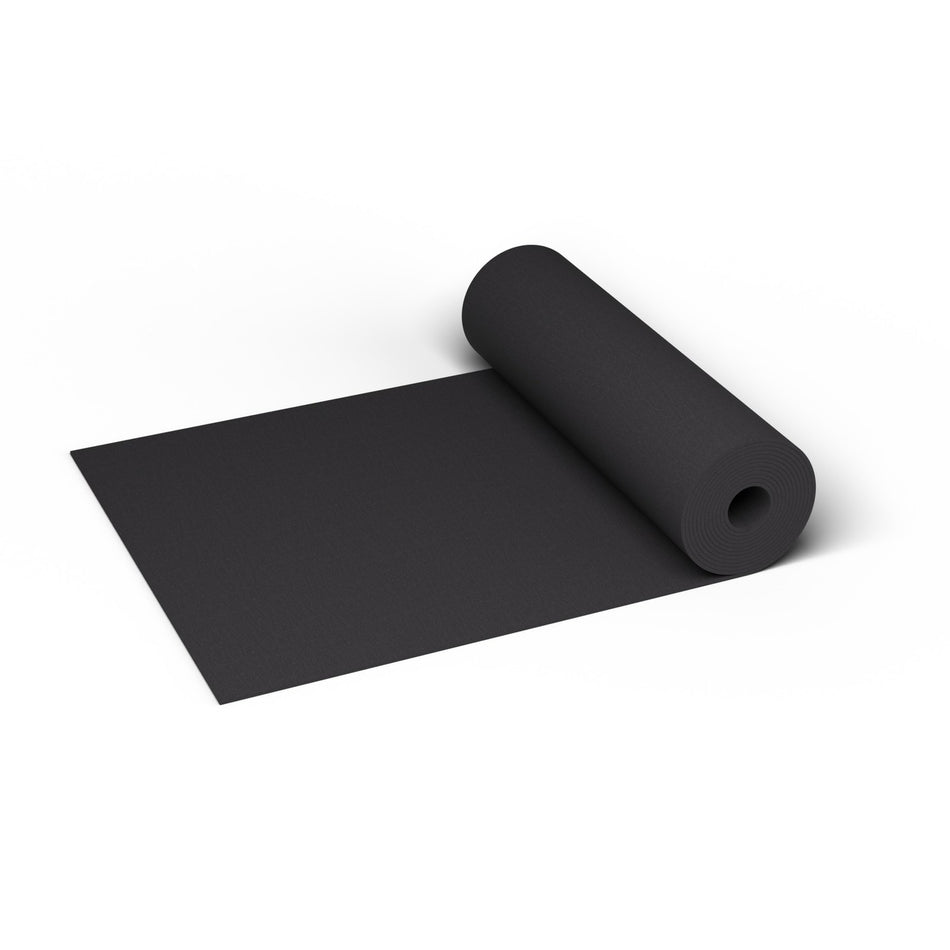 Jet Black REGUPOL aktiv 3/8 inch (9 mm) commercial rubber gym flooring roll, 48 in. wide, partly unrolled, with its solid black surface at true scale
