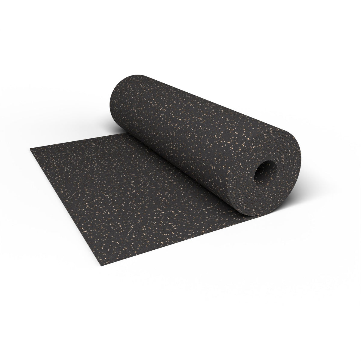 Close-up of a Titan Tan REGUPOL aktiv rubber flooring roll end showing tan flecks on a black base and the 3/8 inch (9 mm) thickness at true scale