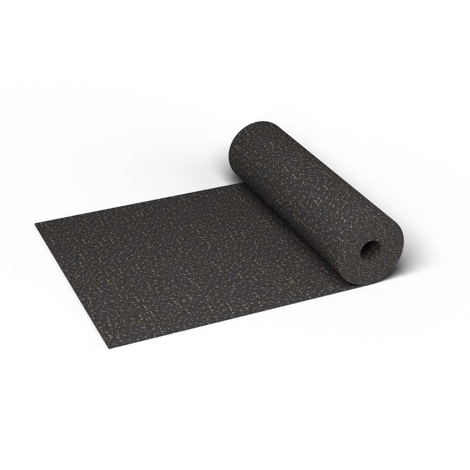 Titan Tan REGUPOL aktiv 3/8 inch (9 mm) commercial rubber gym flooring roll, 48 in. wide, partly unrolled, showing fine tan flecks at true scale