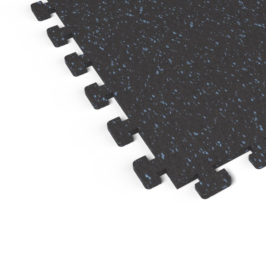 Close-up of the puzzle-edge interlock on a Jayz Blue REGUPOL aktivlok rubber gym tile showing blue flecks on a black base