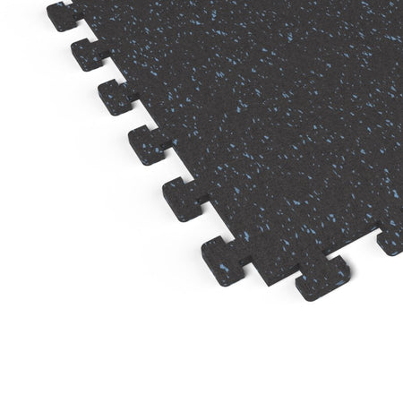 Close-up of the puzzle-edge interlock on a Jayz Blue REGUPOL aktivlok rubber gym tile showing blue flecks on a black base