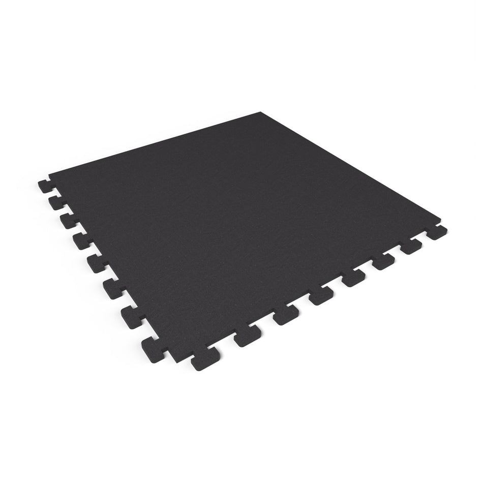 Jet Black REGUPOL aktivlok 3/8 inch (9 mm) interlocking rubber gym floor tile, 24 x 24 in., with puzzle edges